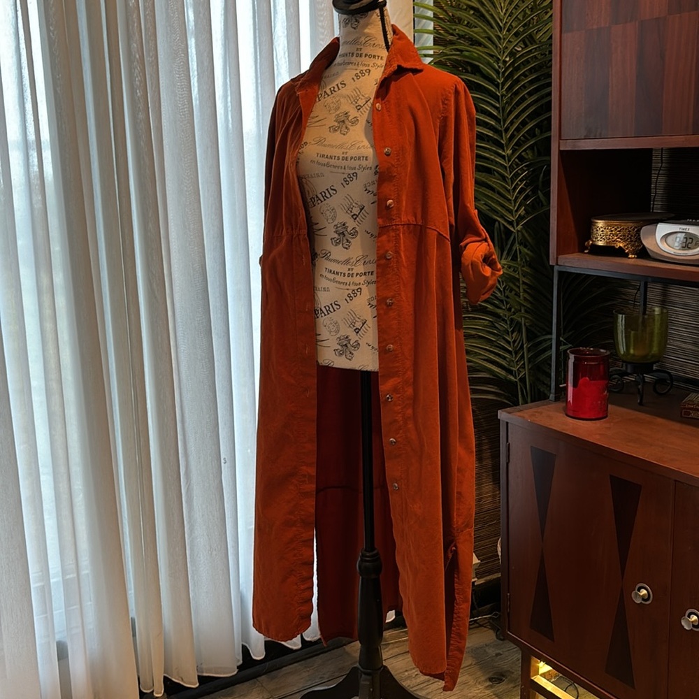 Italian Rust cotton Corduroy Button Up long maxi Shirt Dress duster jacket M